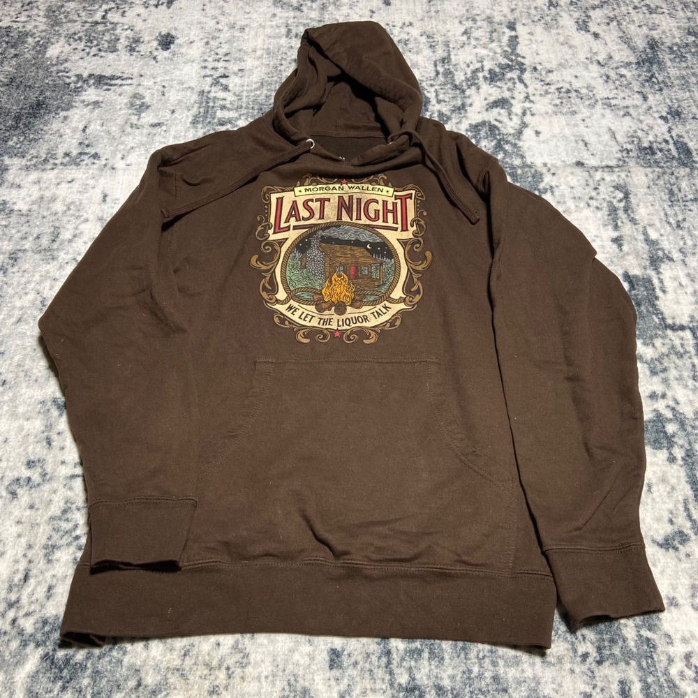 Morgan Wallen Last Night We Let The Liquor Talk Brown Graphic Hoodie Mens Large